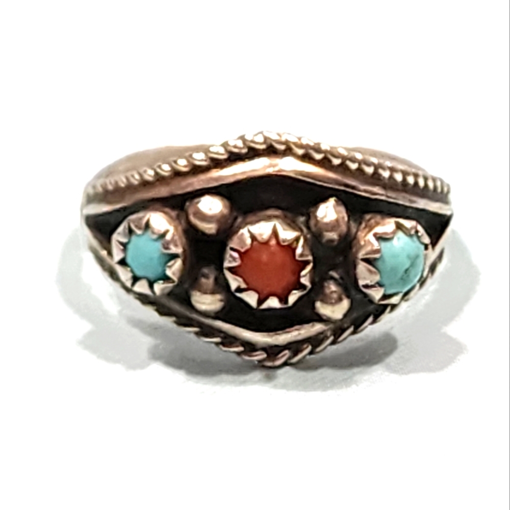 Vintage Native Turquoise and Coral Sterling Ring